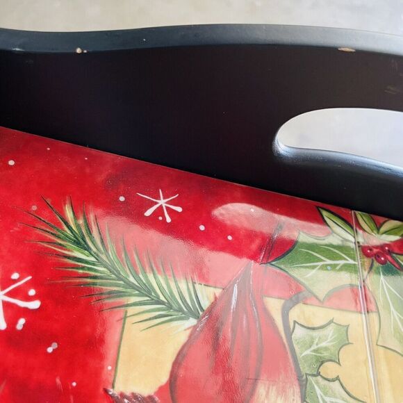 Christmas Cardinals Tiles Wood Serving Tray 12.5" Square Holiday Party Handled - Picture 7 of 7